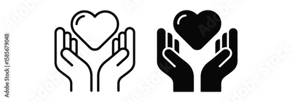 Fototapeta Outlined and solid icon pair of hands holding heart symbol, representing love, care, support, and charity in minimalist black design
