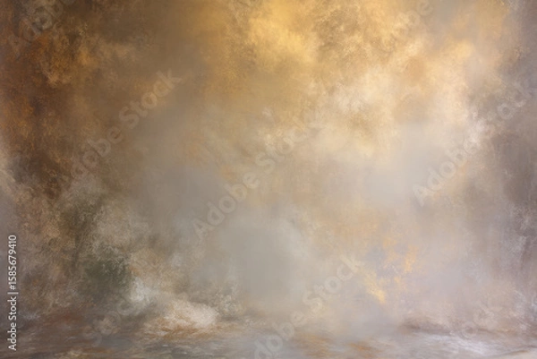 Fototapeta Brown studio painted backdrop. Muted golden and olive tones. Canvas background on the wall and on the floor with a soft transition.