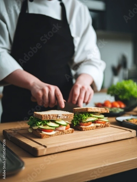 Fototapeta Chef preparing fresh sandwiches with vegetables in a modern kitchen setting