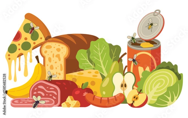 Fototapeta Flies contaminating various food items including pizza bread meat and canned goods