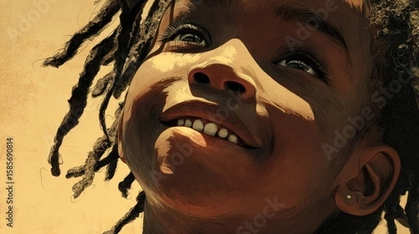 Obraz A smiling child with dreadlocks looks up into the sunlight, full of joy and wonder