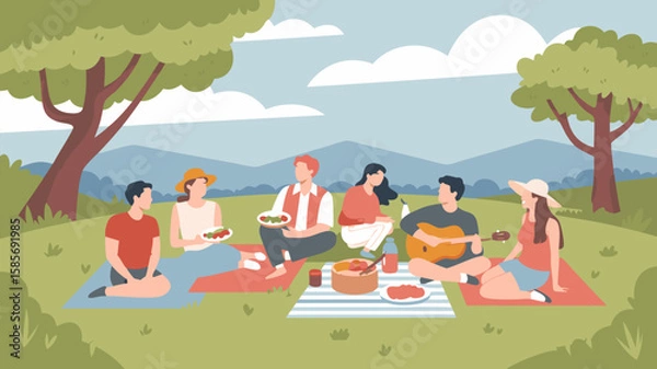 Fototapeta Minimalist Vector SVG Illustration of a Picnic Scene with People and Nature in Flat Design Style with Soft Colors