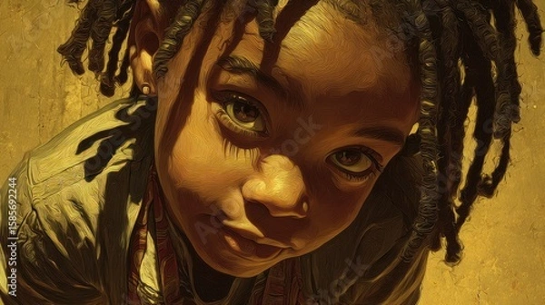 Fototapeta Close up portrait of a young child with dreadlocks looking up with large eyes