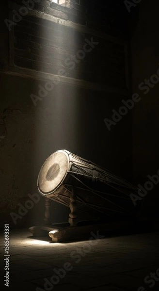 Fototapeta Ancient Drum Illuminated in a Dark Room: A Mystical Musical Instrument