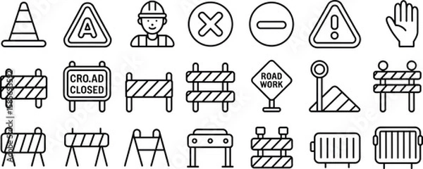 Fototapeta Pixel perfect roadblock and construction warning icon set, editable stroke, traffic safety, caution signs, under construction barriers, 64x64