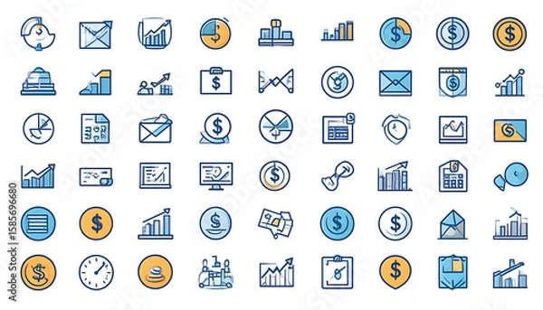 Fototapeta Pixel Art Finance Icons Set: Blue and Yellow Business Graphics
