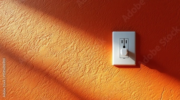 Fototapeta White electrical outlet on orange textured wall with sunlight