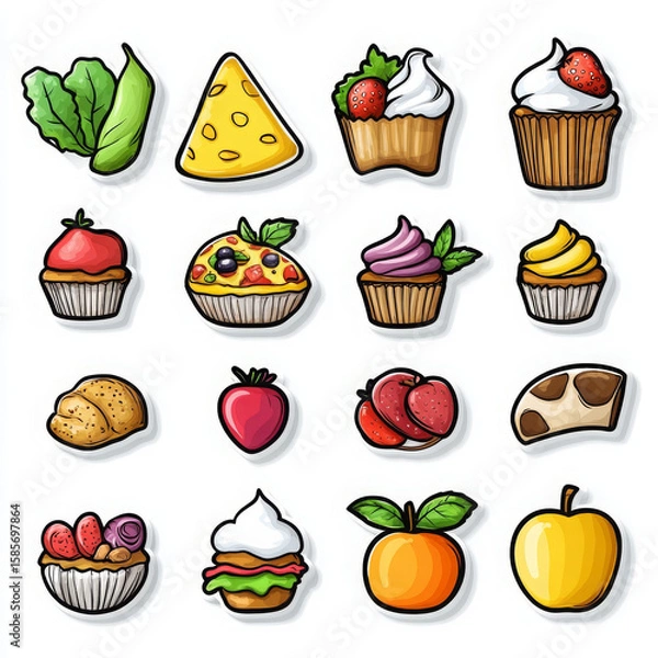 Fototapeta Colorful food sketches include cupcake, fruit, cheese, bread, and dessert on white background