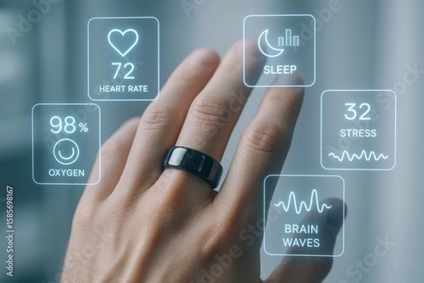 Fototapeta A human hand wearing a smart ring interacts with a holographic AR interface displaying health data. Metrics include heart rate, oxygen levels, sleep, stress, and brain waves