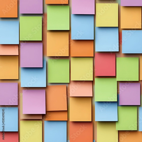 Fototapeta Colorful sticky note paper pattern stack square background cheerful office reminder