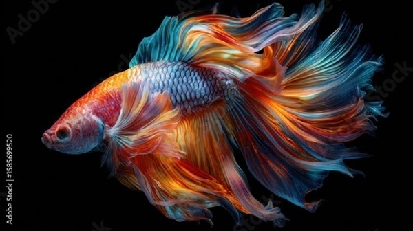 Obraz Vibrant Betta fish with flowing tail, showcasing orange, red, and blue hues on black