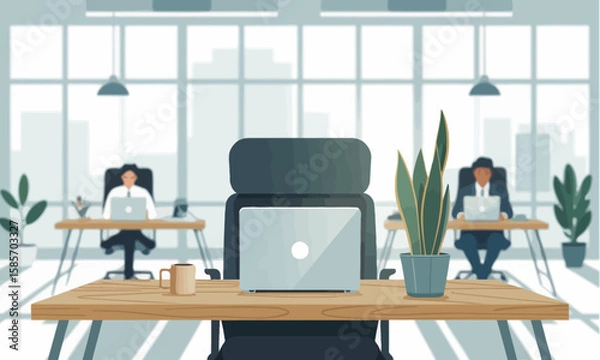 Fototapeta Modern Open Office Space with Desk, Laptop, and City View