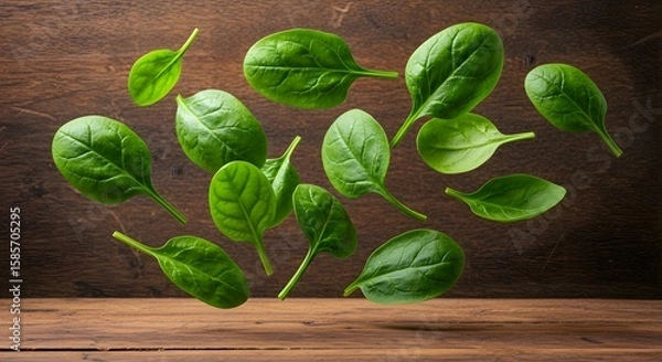 Fototapeta Fresh spinach leaves floating in the air on a wooden background