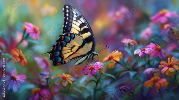 Fototapeta A vibrant painting depicts a yellow butterfly with black and blue markings delicately feeding on a cluster of colorful flowers amidst a blurred, dreamlike garden