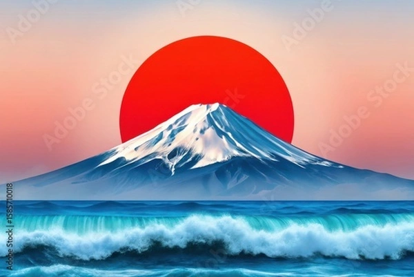 Fototapeta Majestic mount fuji emerges behind a vibrant red sun over crashing ocean waves