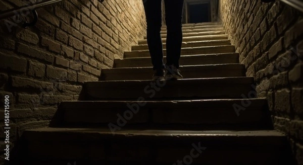 Fototapeta Mysterious Descent: A Person Walking Down Dark Brick Steps at Night