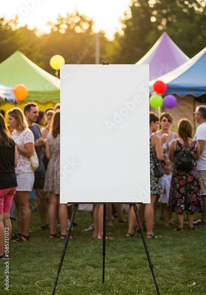 Fototapeta Blank poster mockup at an outdoor festival booth with tents and crowd in sunny weather
