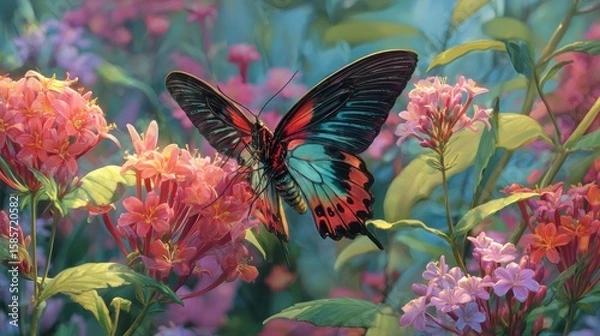 Obraz Vibrant butterfly with wide wings perched amid colorful flowers and lush greenery