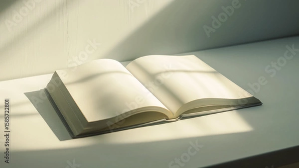 Fototapeta Minimalist photo of blank open book with sunlight streaming across pages