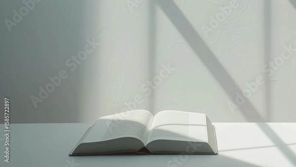 Fototapeta Minimalist photo of blank open book with sunlight streaming across pages