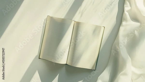 Fototapeta Minimalist photo of blank open book with sunlight streaming across pages