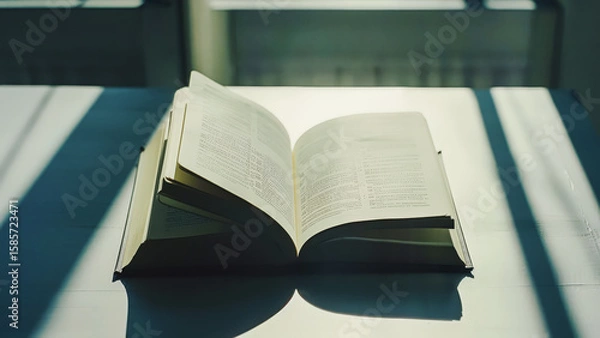 Fototapeta Minimalist photo of blank open book with sunlight streaming across pages