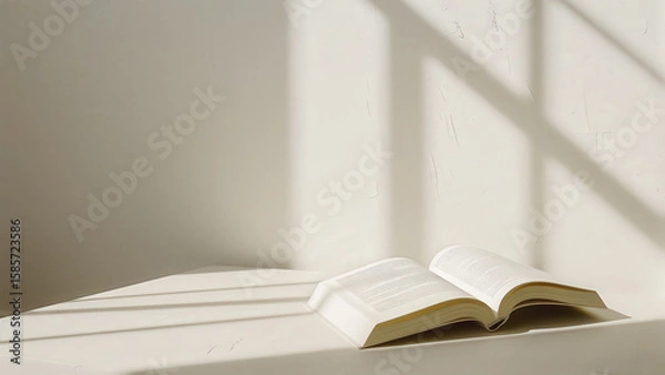 Fototapeta Minimalist photo of blank open book with sunlight streaming across pages