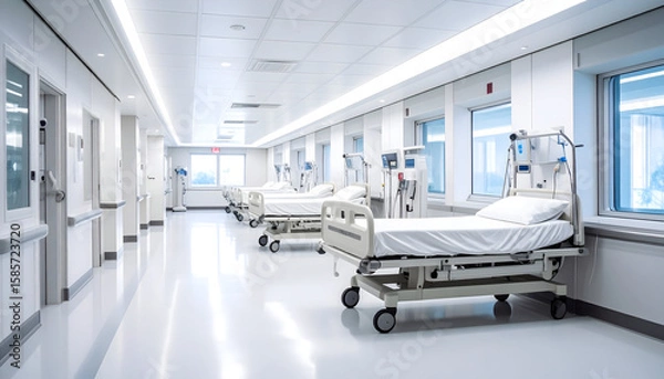 Fototapeta Modern Hospital Corridor with Rows of Empty Hospital Beds
