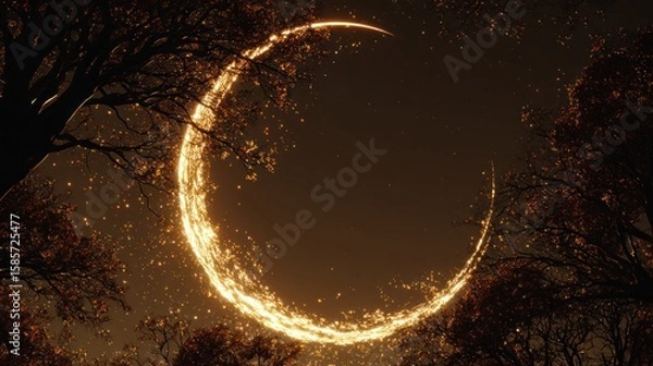 Obraz Glowing crescent shape surrounded by trees with autumn foliage, warm-toned, whimsical
