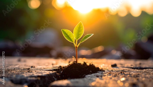 Fototapeta Small Green Plant Sprouting from Cracked Earth at Sunset