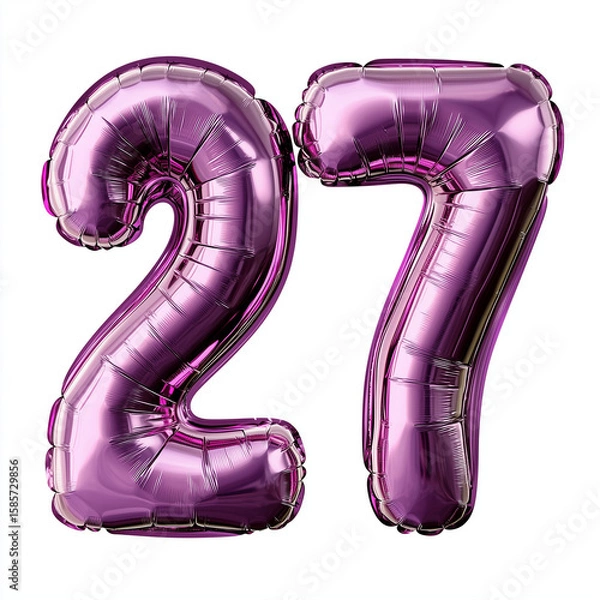 Obraz Purple foil number balloons 27 on white background  