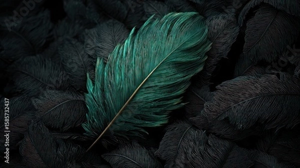Fototapeta A single, teal feather rests atop a bed of dark feathers, creating a striking contrast in texture and color.  The image has a moody, almost mysterious feel
