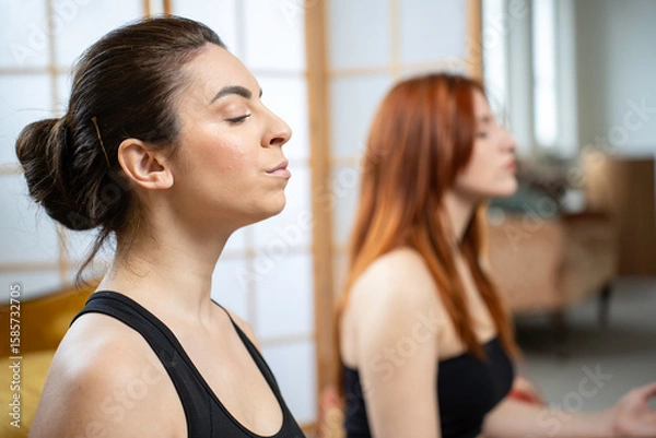 Fototapeta Close-up side view of young woman meditating with closed eyes during yoga session, radiating inner calm and focus. Another woman sits behind her in similar pose, slightly out of focus.
