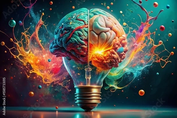 Obraz Cognitive Explosion: Brain Erupting from Shattered Light Bulb