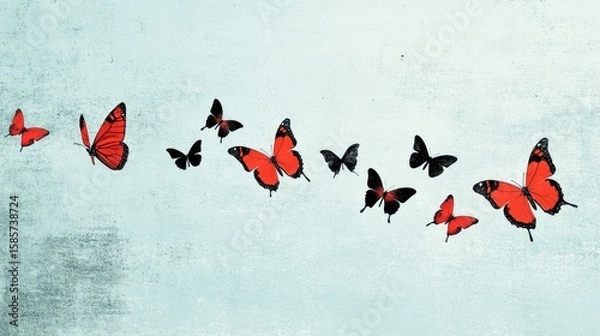 Fototapeta Red and Black Butterflies in Flight on Textured Background