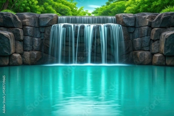 Fototapeta Serene waterfall cascading into a turquoise pool amidst lush greenery