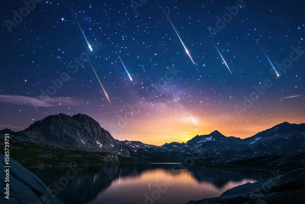 Fototapeta A dazzling night sky features a mesmerizing meteor shower. Glowing white, blue, and gold streaks illuminate the indigo expanse, creating an awe-inspiring celestial display.