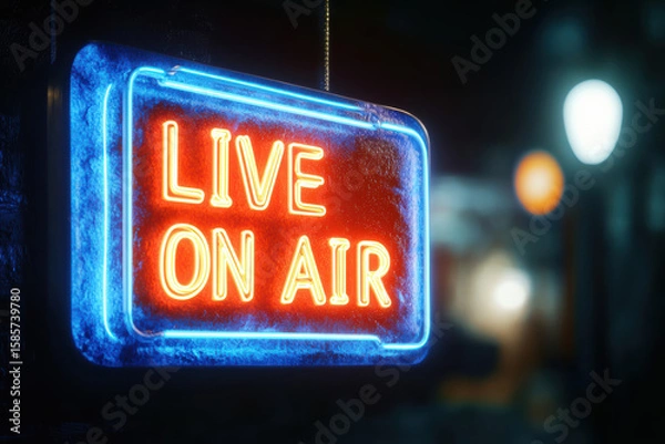 Fototapeta A classic "LIVE ON AIR" neon sign radiates in vibrant orange-red amidst a cyan-blue frame. This illuminating piece highlights its vintage charm and stylish glow, perfect for any broadcasting setup.