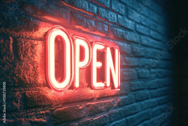 Fototapeta A vivid retro-inspired neon sign reading 'OPEN' in bright red and blue hues. This illuminated sign stands out against a textured brick wall, evoking nostalgia with its electric charm.