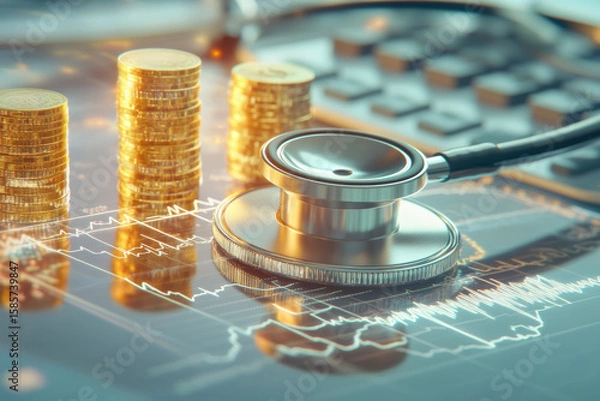 Fototapeta A futuristic scene blending healthcare and finance highlights a stethoscope, ECG line, and financial calculator. Gold coins and a patient card underscore the cost and value of modern health insurance.