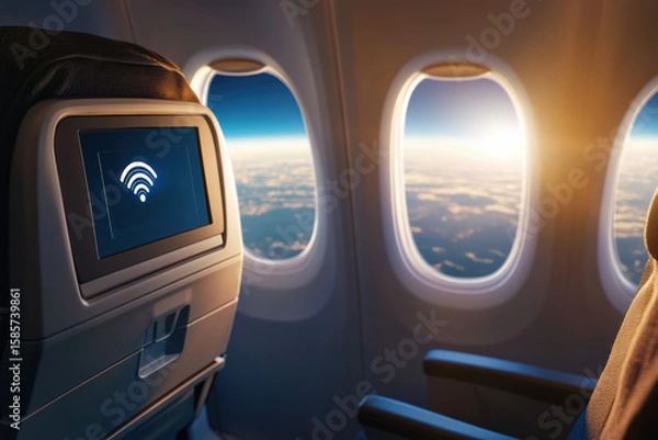 Fototapeta A modern airline seatback screen with inflight Wi-Fi streams live content to a smartphone, while soft cabin lighting and Earth's curvature highlight cutting-edge onboard connectivity.
