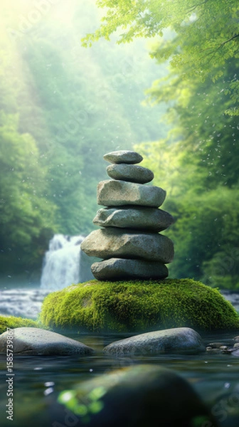 Fototapeta A tranquil scene showcasing a tower of weathered stones on a mossy riverbank. A hidden waterfall flows softly in the misty forest, creating a serene and natural atmosphere.