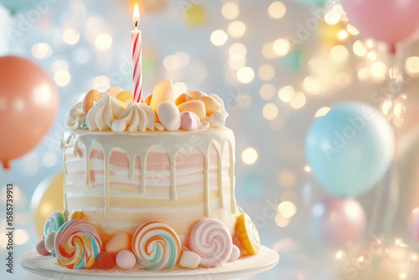 Fototapeta A two-tiered birthday cake is adorned with pastel frosting and vibrant candy embellishments. The colorful lollipops and marshmallow accents create a whimsical and celebratory dessert centerpiece.