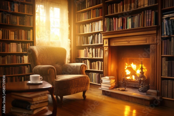 Fototapeta A cozy personal library with overflowing bookshelves creates an inviting atmosphere. The varied books and haphazard stacks reflect a well-loved, literary retreat for any book lover.