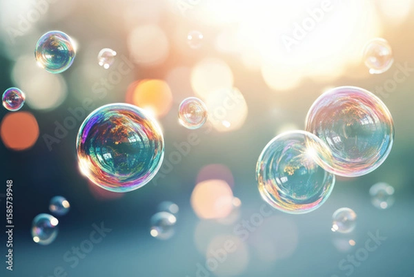 Fototapeta Oversized multicolored soap bubbles shimmer with reflections against a muted background. Their weightless and dreamlike appearance evokes calm and serenity, creating a serene visual experience.