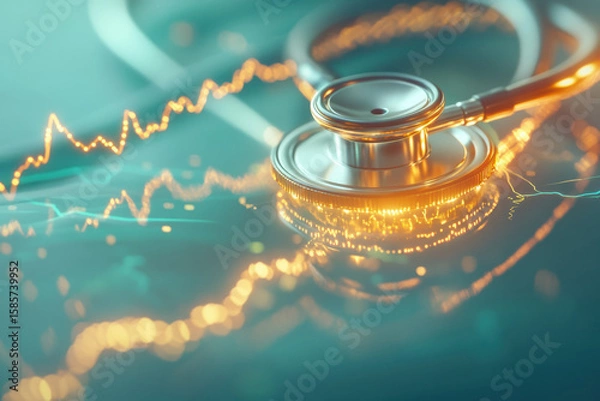 Fototapeta A stethoscope’s tubing transforms into a glowing financial graph, symbolizing the blend of health monitoring and financial oversight at the intersection of healthcare and economics.
