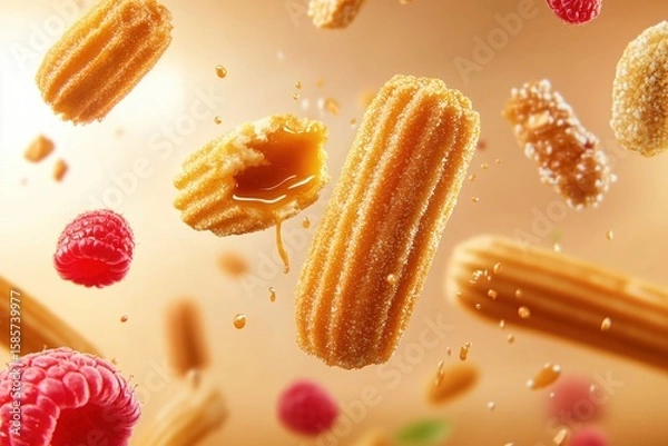 Fototapeta Churros defy gravity, floating elegantly while showcasing both whole and broken forms. Their golden exterior contrasts with the soft, inviting interior, emphasizing their delectable appeal.