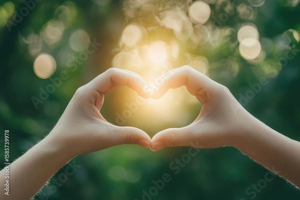 Fototapeta Two hands gracefully come together in a heart shape, symbolizing connection and love. This tender gesture highlights themes of togetherness and affection in human relationships.
