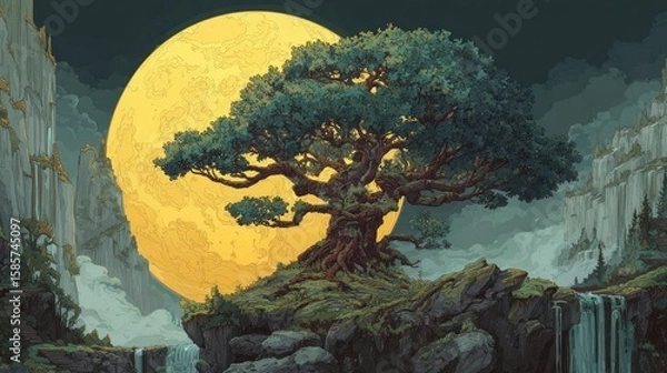 Fototapeta Pixelated tree on rocky cliff, beneath a giant full moon, landscape background