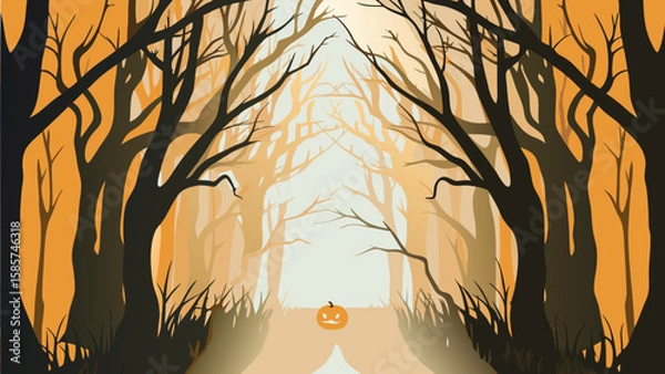 Fototapeta A spooky halloween scene with a pumpkin in a forest of bare trees and an orange background glow effect